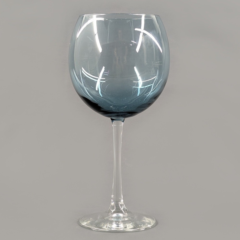 Blue Tinted Glass Wine Goblet Clear Stem Round Bowl Single Stemware Glass